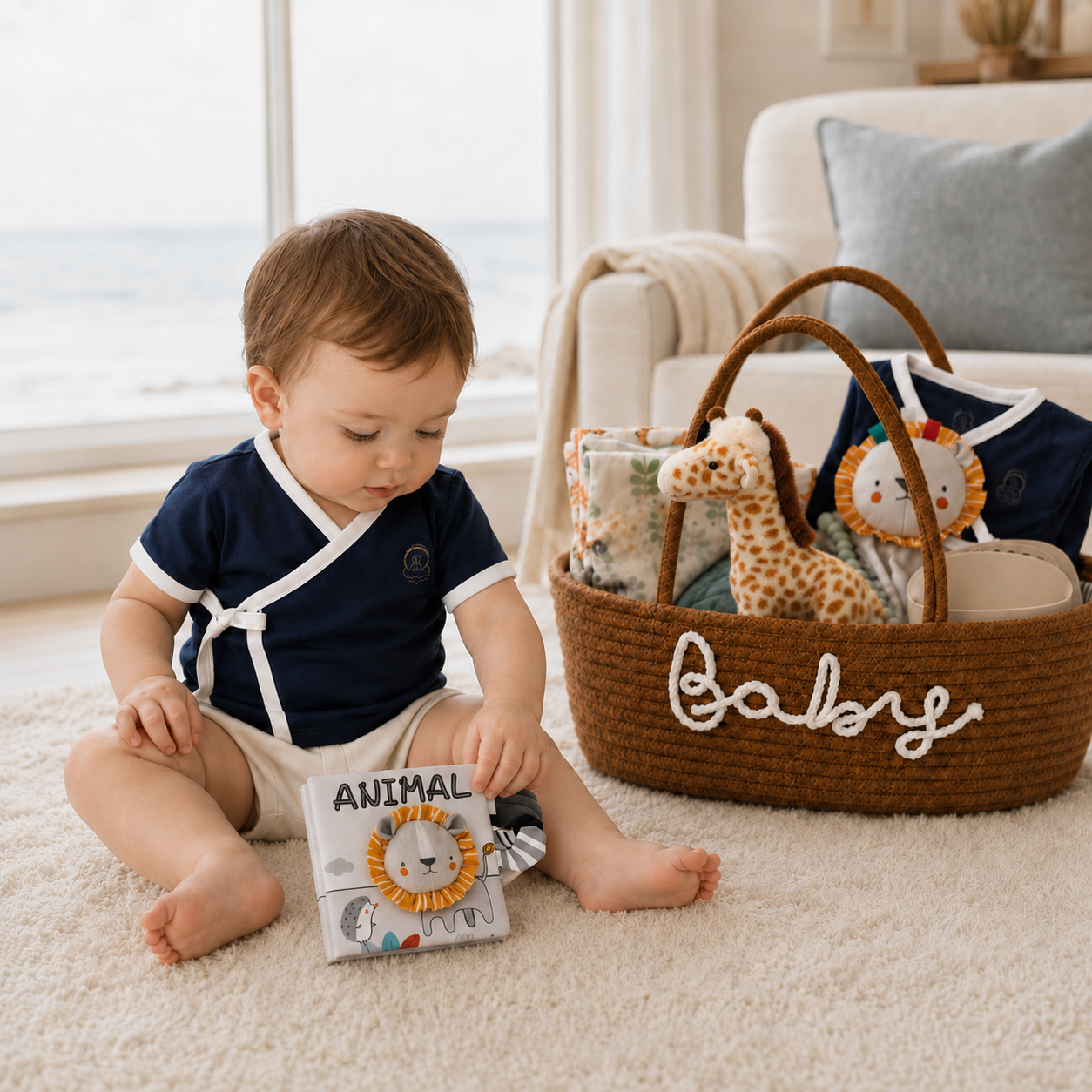 Baby exploring a fabric animal book beside the Baby Safari Deluxe luxury baby gift basket from Lovingly Organics.