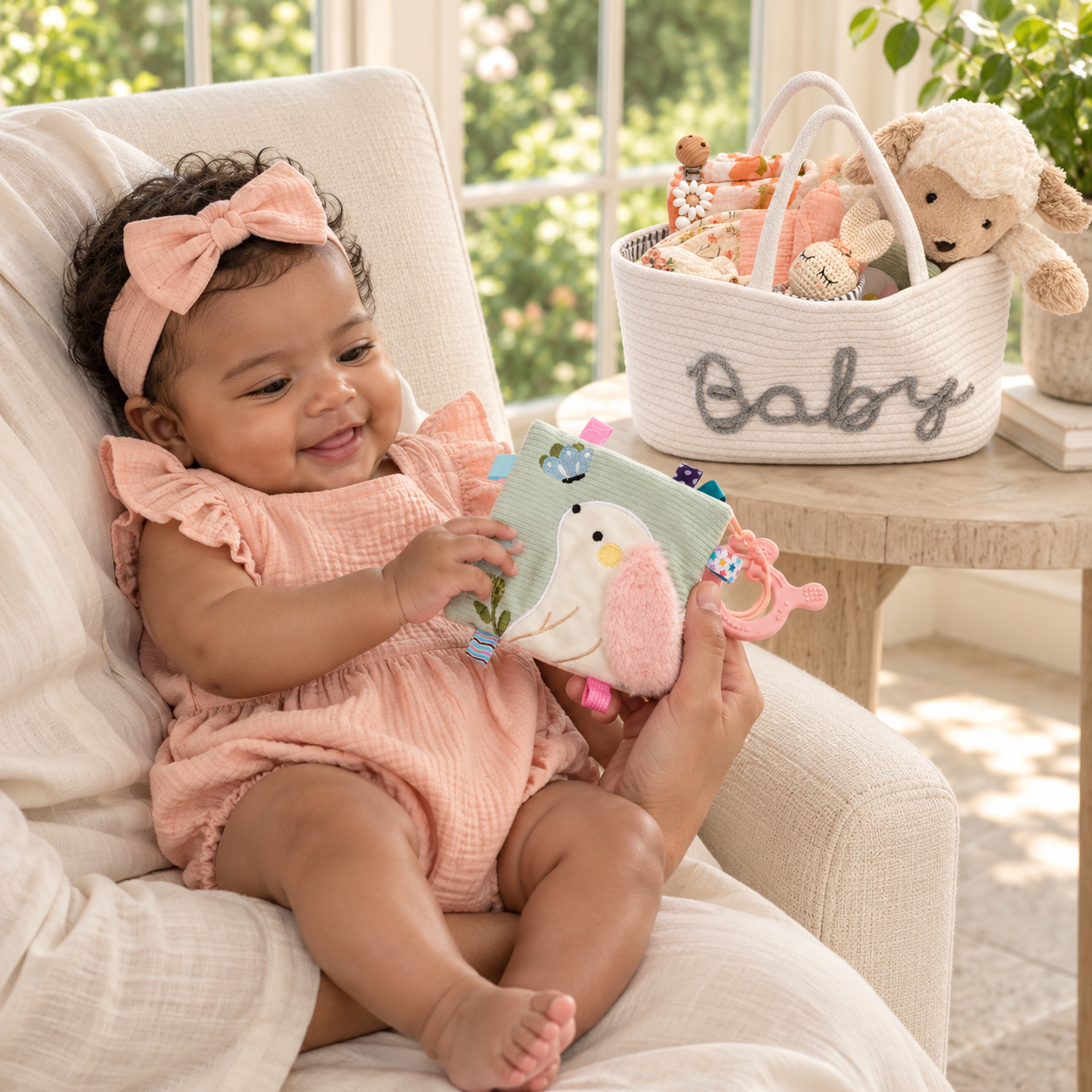Three-month-old baby wearing a blush cotton-muslin romper beside the Poppy and Blush luxury baby girl gift basket.