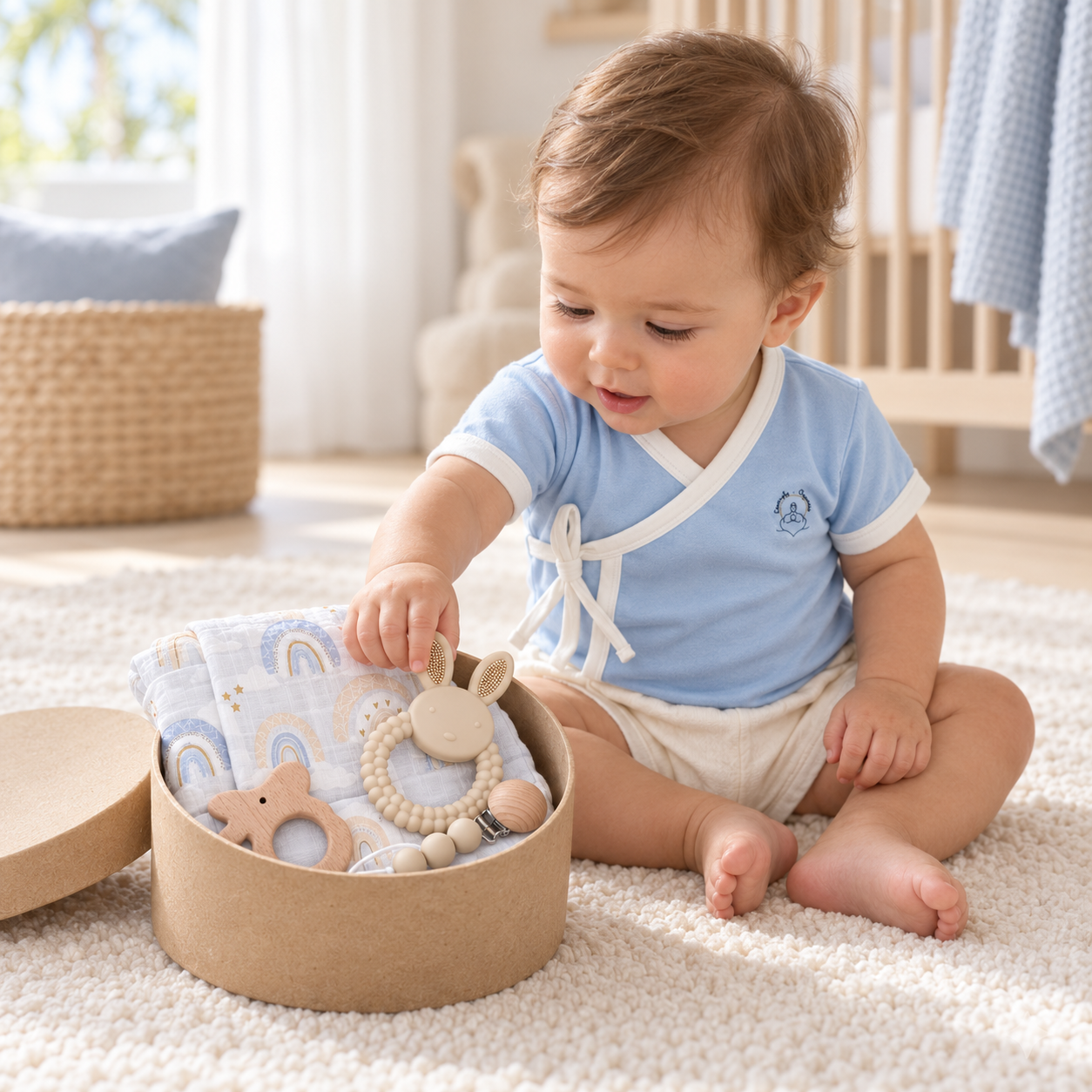 Baby exploring a Welcome to the World baby boy gift box from Lovingly Organics.