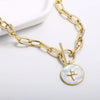 Natural Shell Pendant Round Shape With Star Cubic Zirconia Pave Gold Plated Necklace Big Chain 16.5 Inches