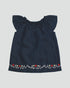 Little Girls Navy Blue Light Flutter Sleeve Organic Linen Blouse with Embroidered Trim